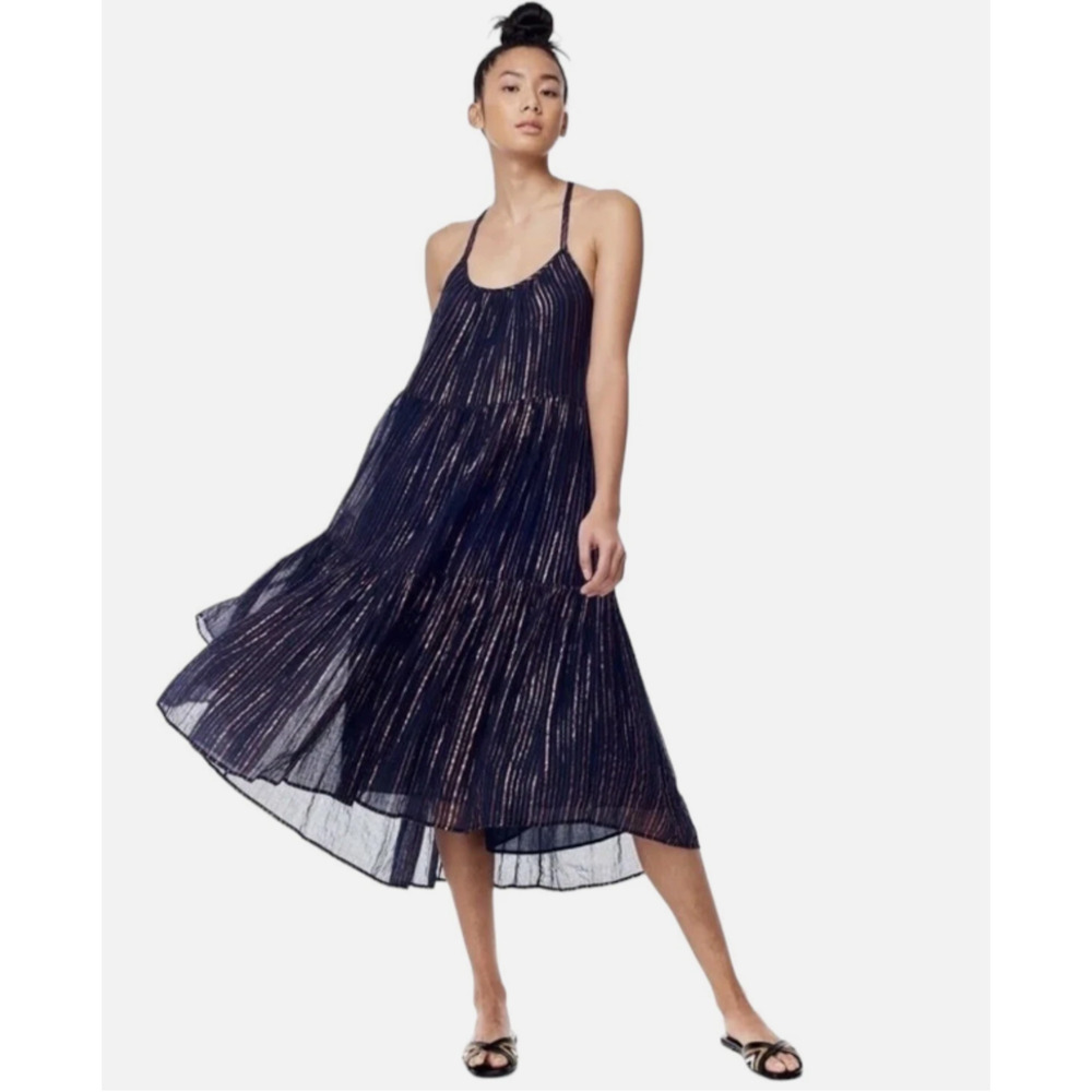 Ulla Johnson Samara Dress In Midnight Navy Metallic Stripe Tiered Sz 10 Resort